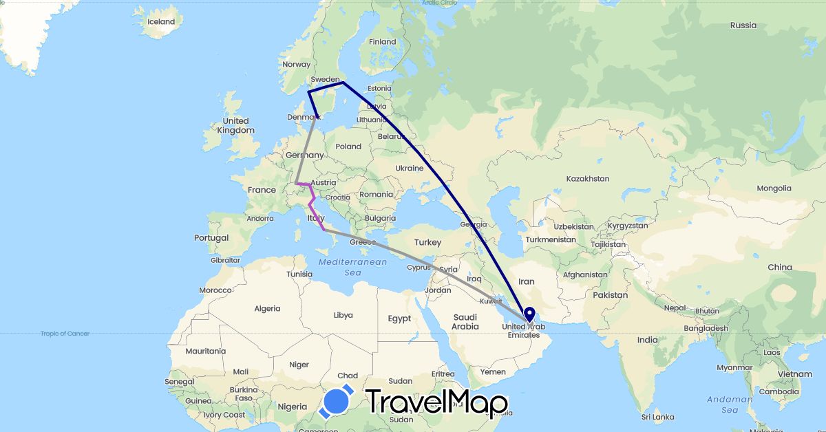 TravelMap itinerary: driving, plane, train in United Arab Emirates, Austria, Switzerland, Denmark, Italy, Sweden (Asia, Europe)